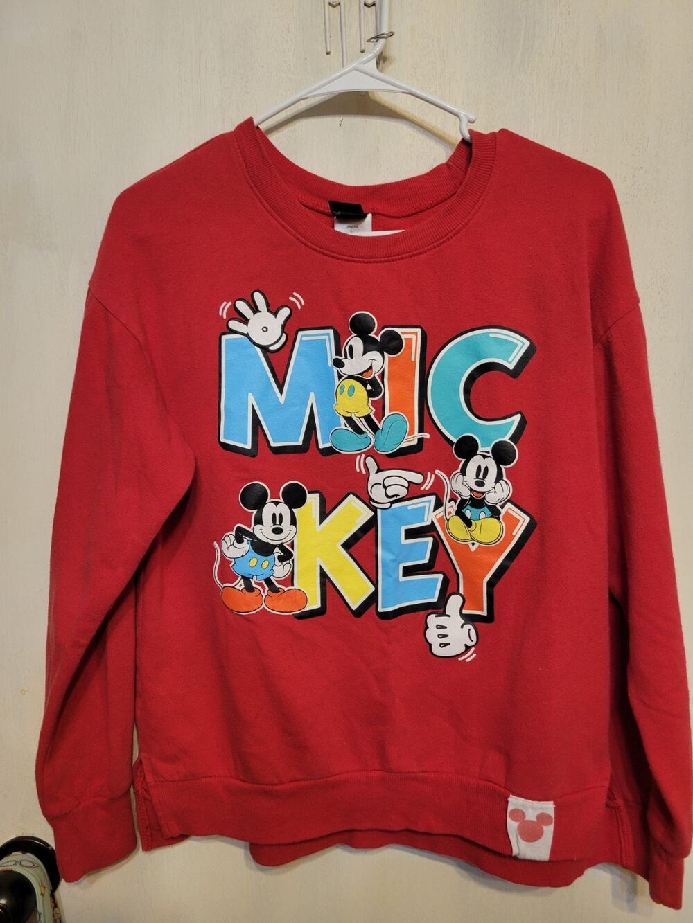 Juniors MED 7 9 RED Mickey Crew Sweatshirt Jumbo Letters Bright COLORS SO CUTE